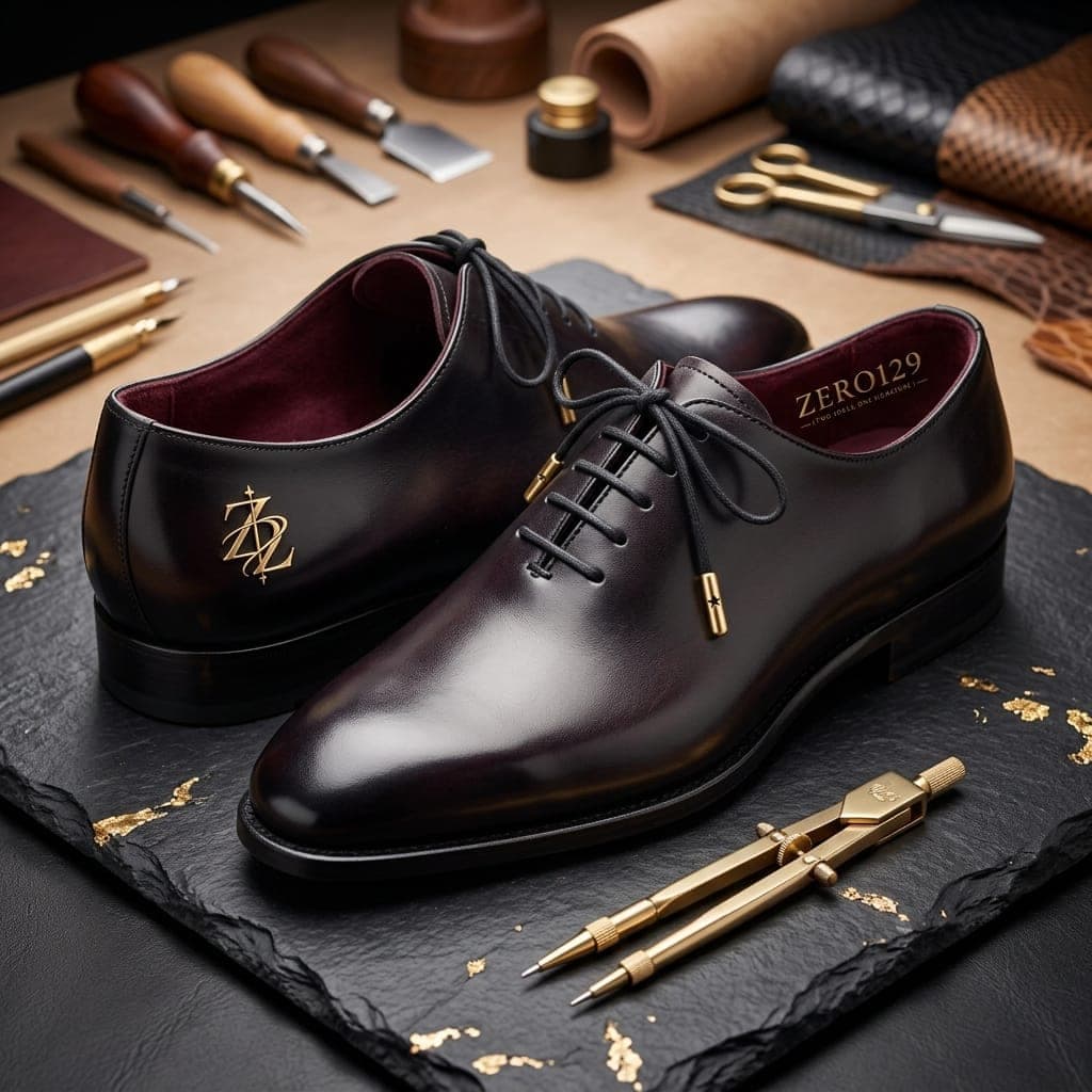 Zero129 whole-cut oxford shoes in burgundy-black leather with a gold double-Z monogram