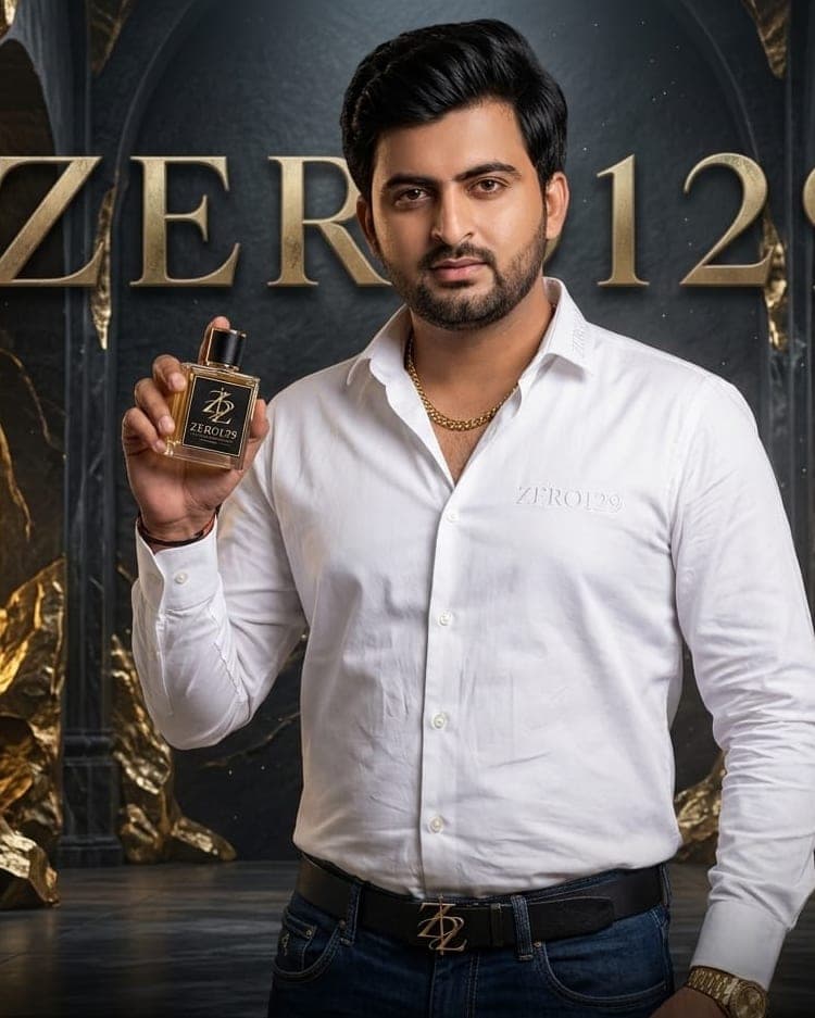 Shikhar Khurana holding a bottle of Zero129 signature fragrance, wearing a white Zero129 shirt